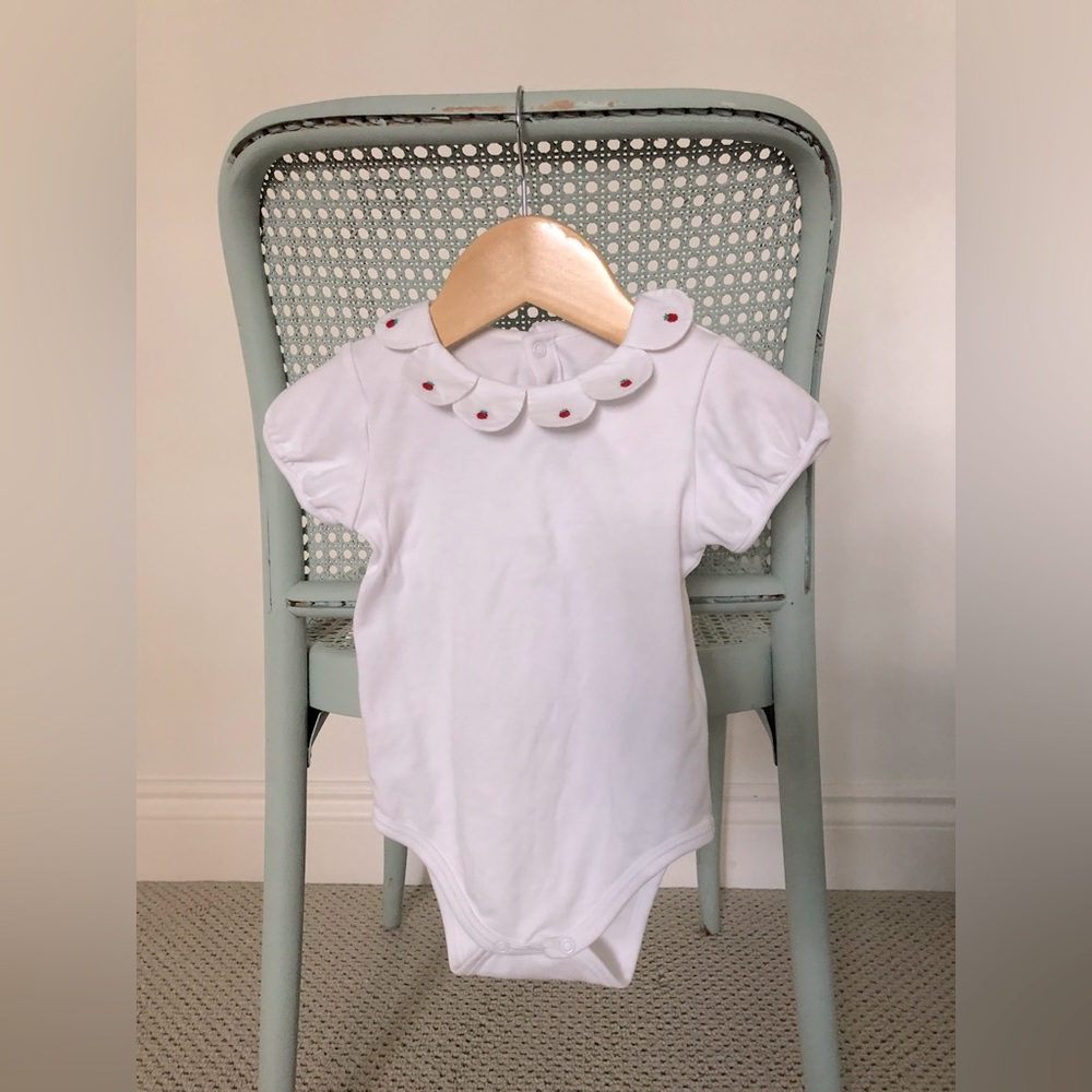 JACADI Onesie! Size 24 Months. White cotton with little raspberry embroidery.